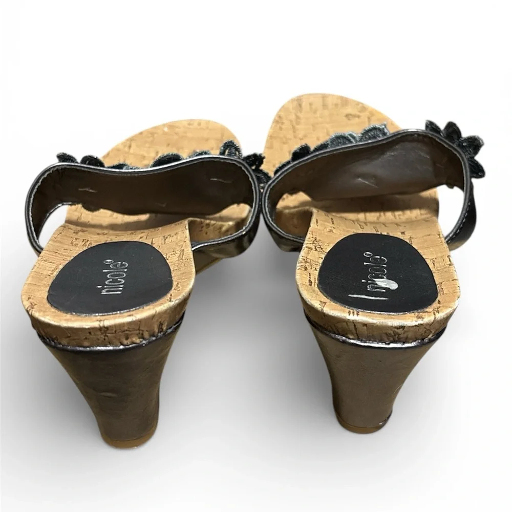 NICOLE Pewter Floral T-strap Wedge Sandals with a Cork Sole